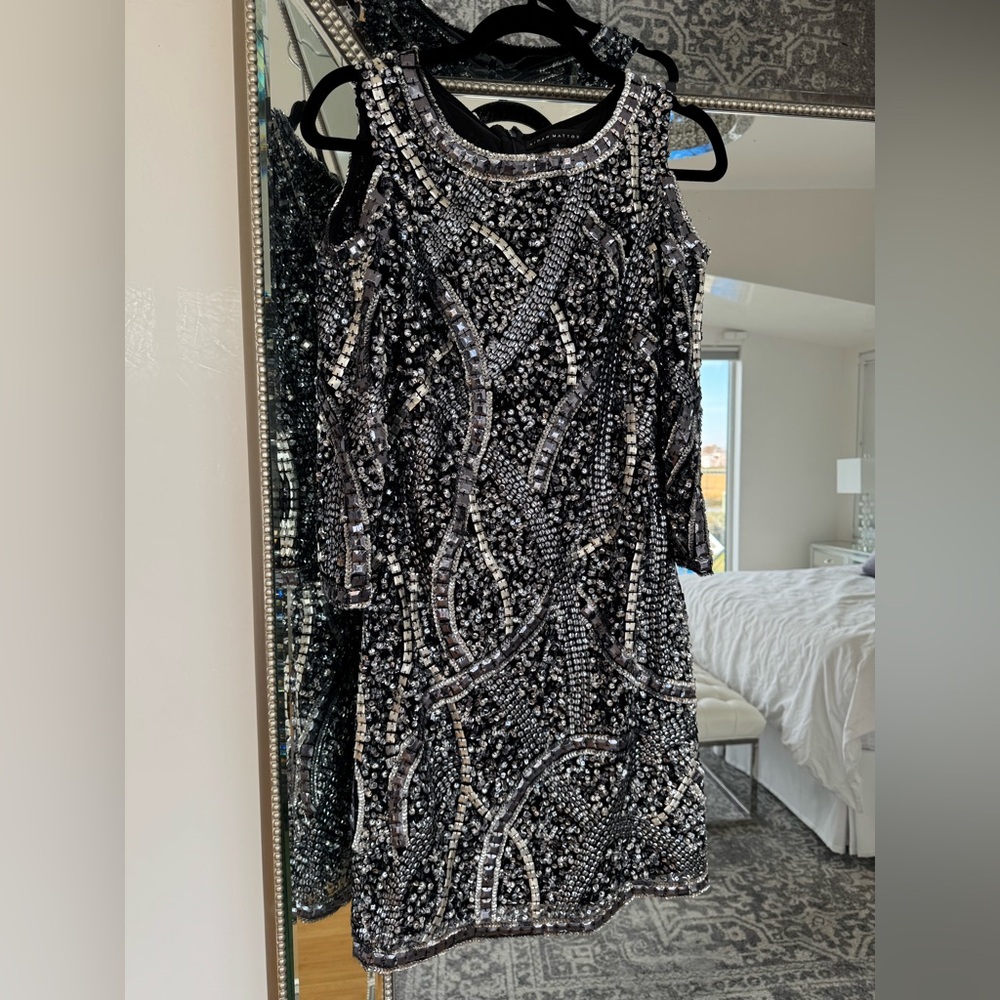 Aidan Mattox Black and Silver Sequin Mini Dress